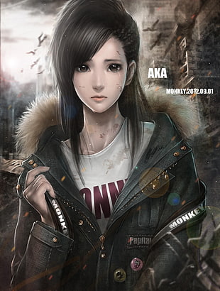 female anime character in black jacket illustration
