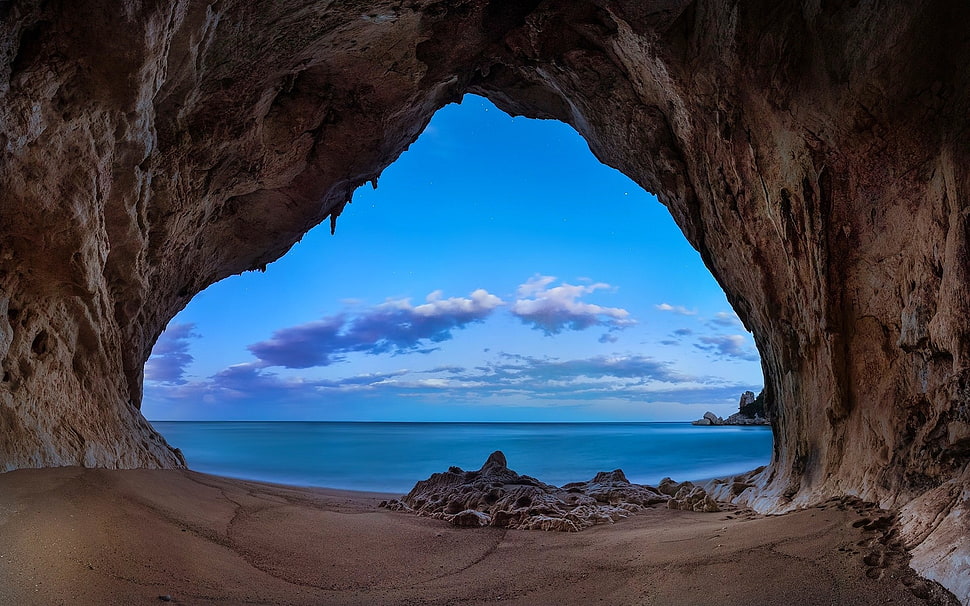 brown cave, landscape, nature, beach, cave HD wallpaper