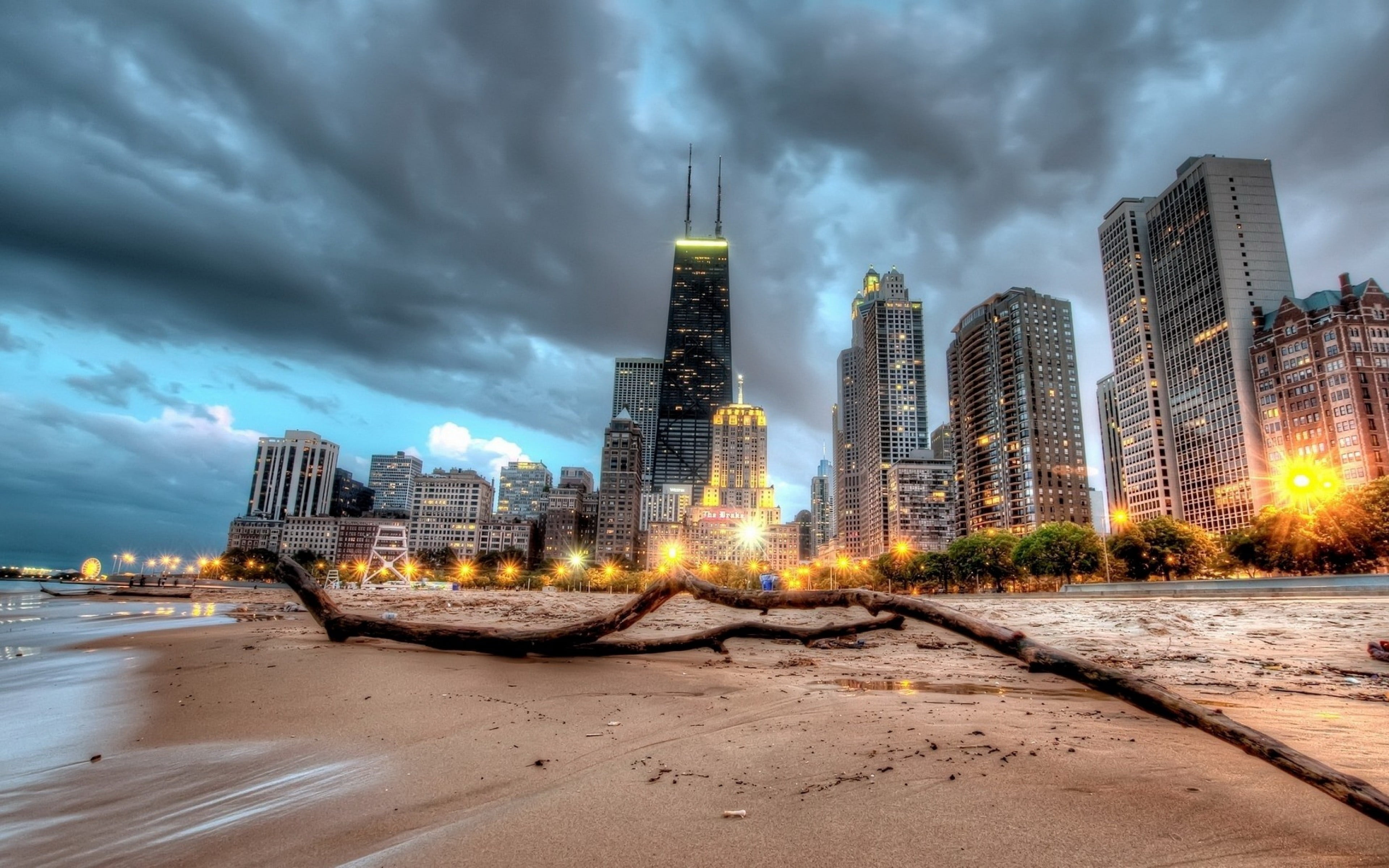 concrete building, Chicago, city, night, lights