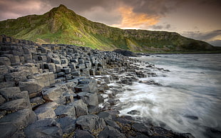 gray concrete beside ocean near mountain at daytime, nature, landscape, Giant's Causeway, sea