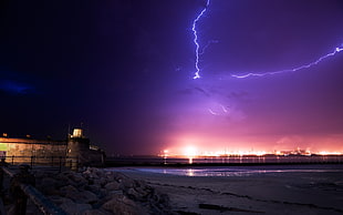blue lightning thunder, cityscape, landscape, natural light, storm HD wallpaper