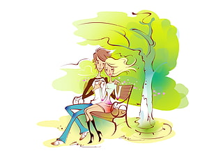 man and woman on park bench with green foliage tree digital art