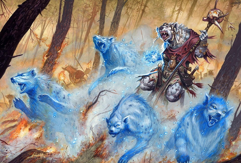 gray wolf summoning white fox cartoon character illustration HD wallpaper