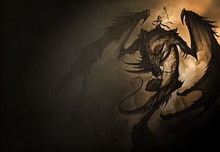 black and gray dragon illustration, fantasy art, dragon, creature, staff