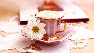 pink teacup and saucer, food, coffee, flowers, cup