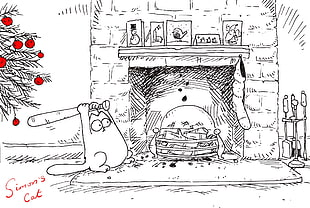 Simon's cat holding bat beside fireplace illustratio