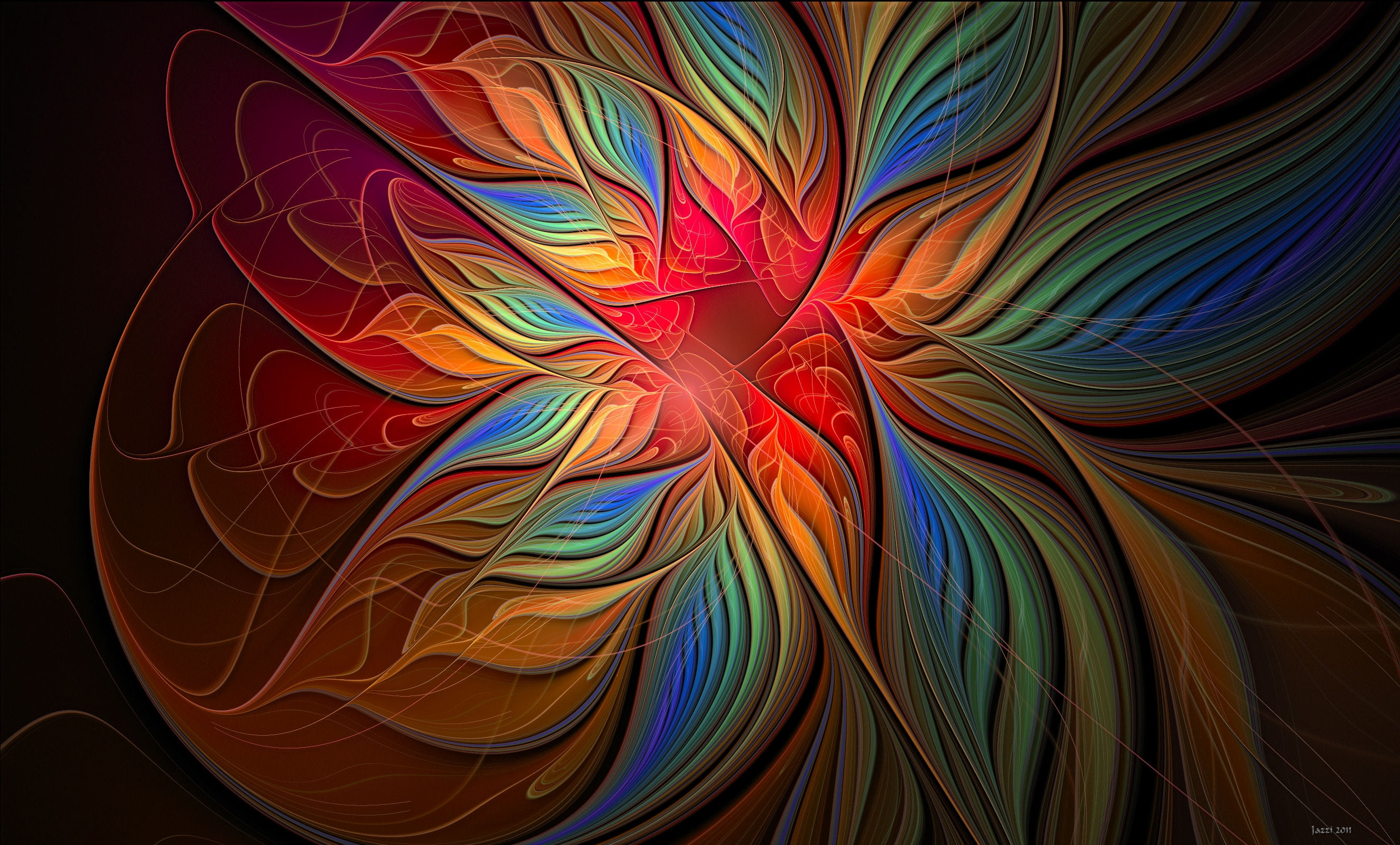 red, blue, green, and yellow flower rays digital wallpaper