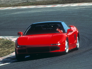 red coupe on gray road HD wallpaper