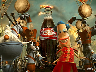 Coca-cola glass soda bottle filled with brown liquid with 3D animated figures commercial