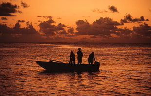 silhouette of three person on boat in middle of ocean, bora bora, french polynesia HD wallpaper