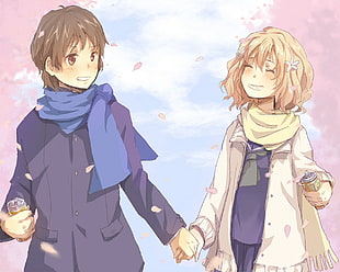 male and female anime character holding hands