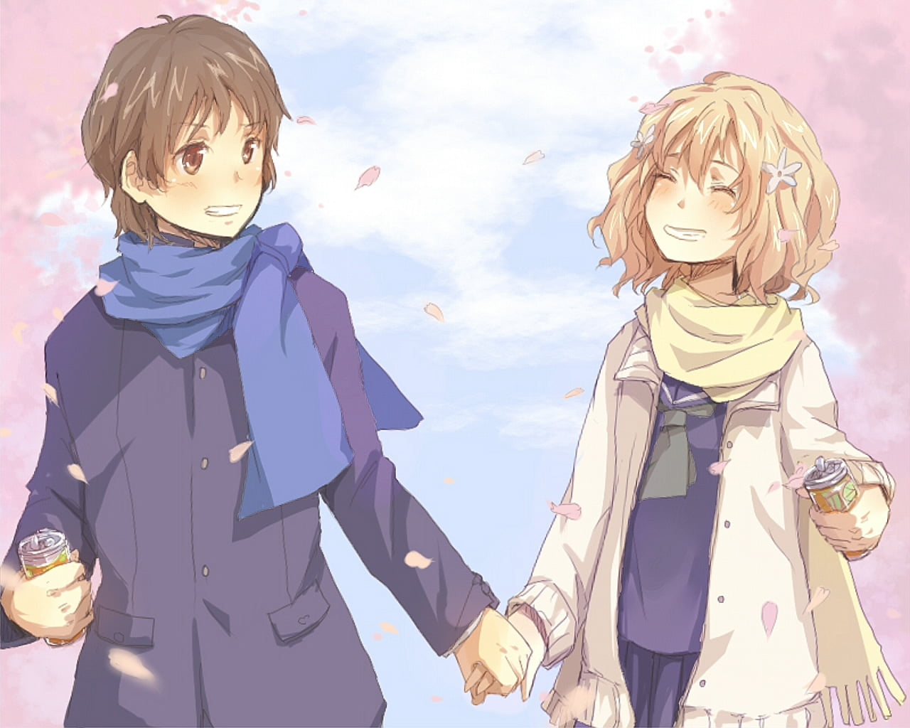 Male and female anime character holding hands HD wallpaper | Wallpaper