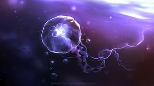 purple jelly fish, Apofiss, jellyfish, artwork, bubbles