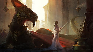 dragon and dragon slayer illustration, digital art, artwork, fantasy art, dress