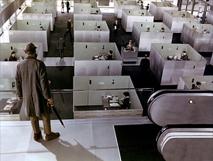 white and black wooden desk, Jacques Tati, Monsieur Hulot, Playtime, office