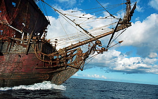 brown pirate ship, ship, pirates, skeleton, sailing ship
