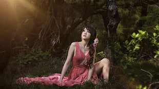 women's pink V-neck sleeveless dress, women, model, brunette, long hair