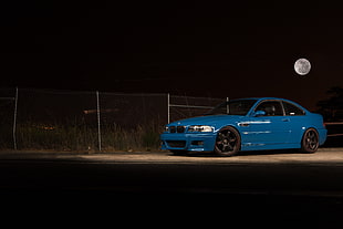 blue 5-door hatchback, car, BMW, blue cars, Moon HD wallpaper