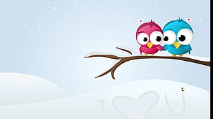 blue and pink bird perched on tree branch illustration, birds, cartoon, snow, branch