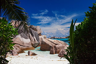 beige stones near the sea during daytime, anse, la digue, seychelles HD wallpaper