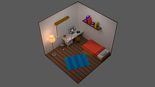 bedroom interior design illustration, isometric, room, bed, desk