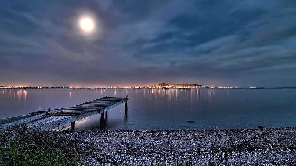 black and white concrete house, Moon, blue, clouds, dock HD wallpaper