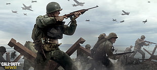 animated soldier holding rifle while on war HD wallpaper
