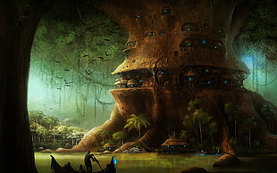 brown tree trunk illustration, fantasy art HD wallpaper