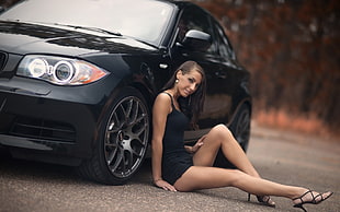 women's black spaghetti strap body con dress, BMW, model, women, legs