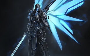 illustration of swordsman with wings, digital art, armor, robot, warrior HD wallpaper