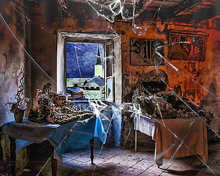 multicolored halloween decorations, panoramas, broken glass, interior, room