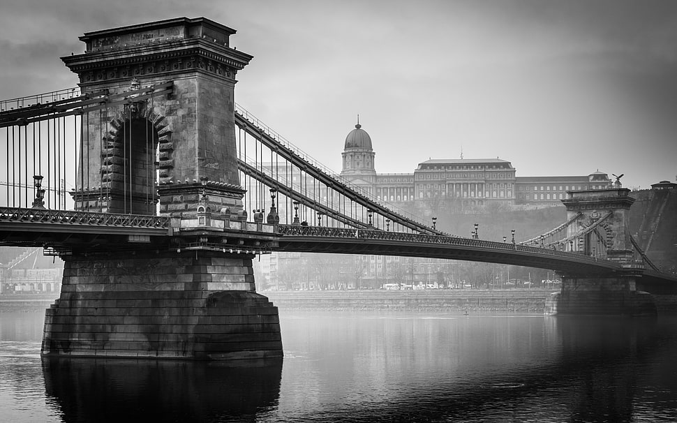 grayscale photo of bridge, architecture, Budapest, Hungary, old building HD wallpaper