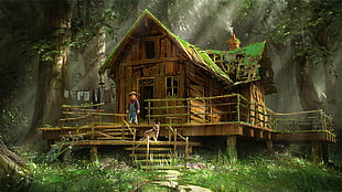 brown cabin house illustration, children, house, forest, dog