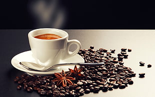 white teacup on plate beside spoon on coffee beans
