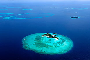 wide angle photo of island, nature, water, island, aerial view