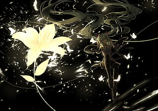 white and green leaf plant, Hatsune Miku, long hair, twintails, Vocaloid HD wallpaper