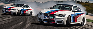 white and blue BMW race car, BMW M4, race tracks, Drifting, car