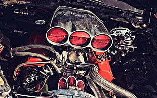 red vehicle engine bay, engine, car