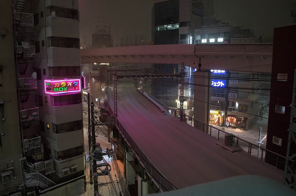 pink LED signage digital art, Japan, road, night, snow HD wallpaper