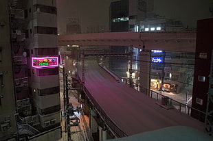 pink LED signage digital art, Japan, road, night, snow