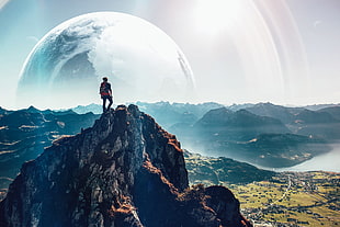 man standing on top of mountain, landscape, planet, men, fantasy art