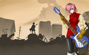 pink haired anime character playing guitar illustration