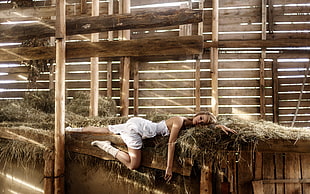 brown wooden bed frame with white mattress, Anastasia Scheglova, women, auburn hair, model