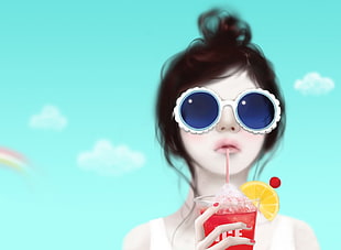 girl wearing blue round sunglasses with straw on lips with cloudy background
