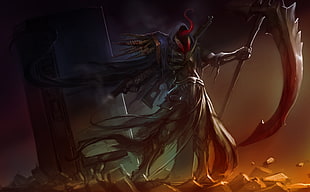 death reaper holding scythe and gun digital wallpaper, fantasy art, artwork
