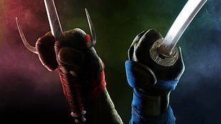 TMNT Leonardo and Raphael hands holding weapons digital wallpaper