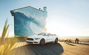 white Ford Mustang convertible coupe, car, waves, Ford Mustang HD wallpaper