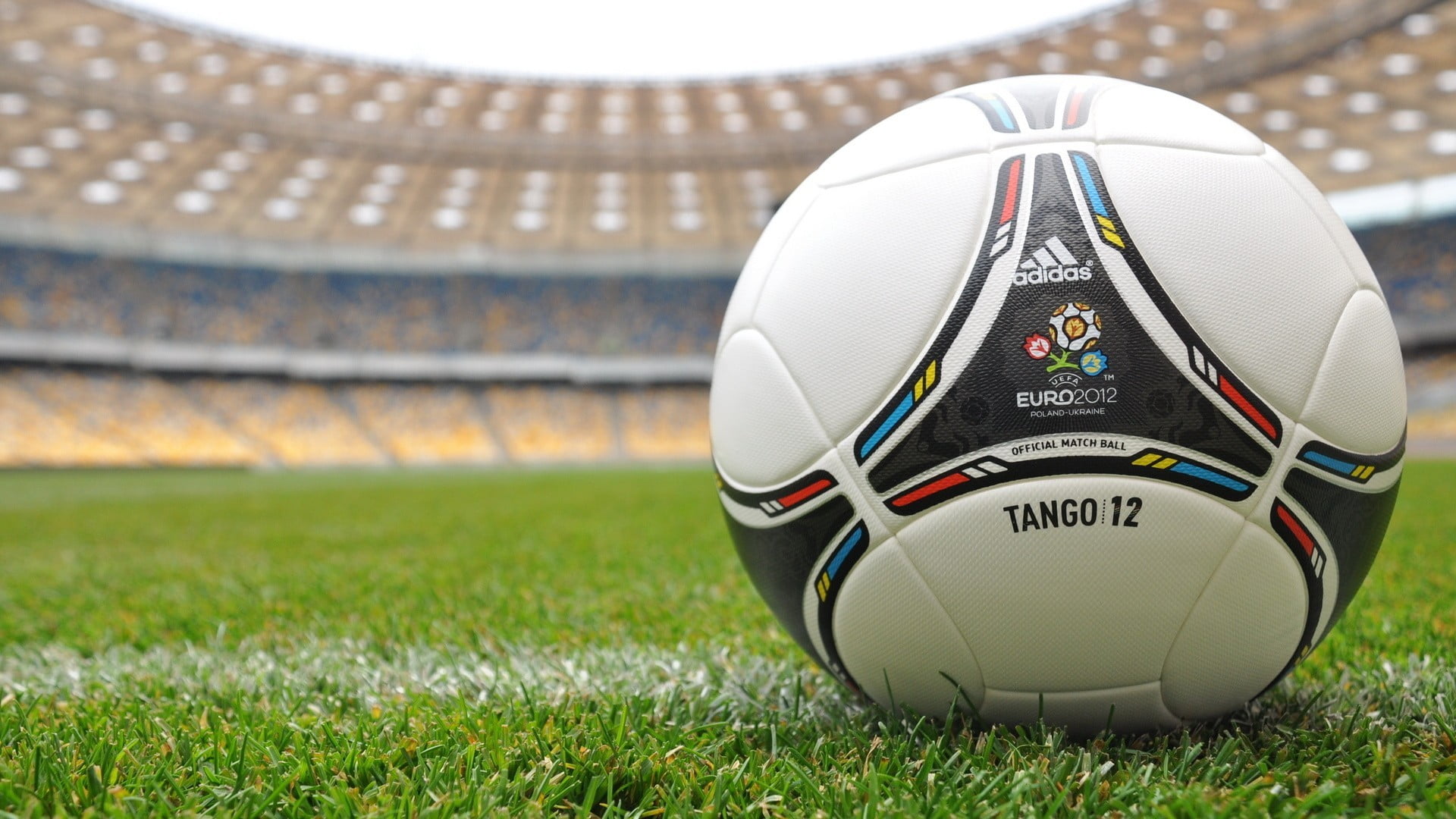 white, black, and red Adidas Tango 12 soccer ball, EURO 2012, Adidas, soccer, soccer pitches