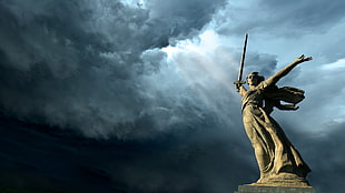 angel raising sword statue, statue, Stalingrad, World War II, sword