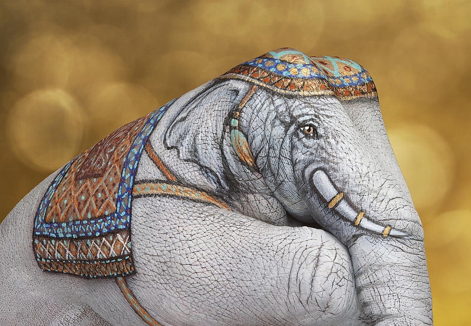 gray and black tribal print textile, hands, elephant, drawing HD wallpaper